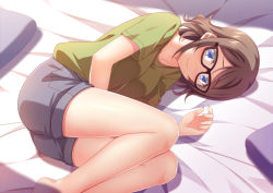 Rule 34 | 10s, 1girl, blue eyes, breasts, brown hair, glasses, looking at viewer, love live!, love live! sunshine!!, lying, mmrailgun, on side, shirt, short hair, shorts, smile, solo, t-shirt, watanabe you