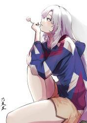 Rule 34 | 1girl, absurdres, alternate costume, blue hoodie, brown eyes, candy, closed mouth, dolphin shorts, earrings, food, from side, highres, hood, hoodie, jewelry, lollipop, looking up, shorts, sitting, solo, thighs, touhou, white background, white hair, yagokoro eirin, yagoro kusuriya, yellow shorts