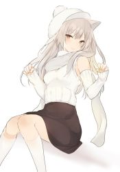 Rule 34 | 1girl, animal ears, black skirt, blush, brown eyes, closed mouth, feet out of frame, knees together feet apart, long hair, looking at viewer, lpip, shirt, simple background, sitting, skirt, sleeves past wrists, smile, socks, solo, white background, white shirt, white socks