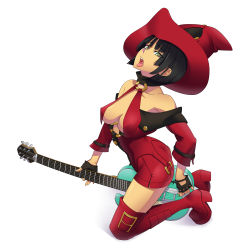 Rule 34 | 1girl, absurdres, bare shoulders, black hair, bob cut, boots, breasts, covered erect nipples, detached sleeves, dress, electric guitar, fingerless gloves, gloves, green eyes, guilty gear, guitar, hat, highres, i-no, instrument, killy rock, kneeling, large breasts, mole, plectrum, red footwear, red hat, sexually suggestive, shoes, short dress, short hair, sideboob, solo, thigh boots, thighhighs, tongue, witch hat