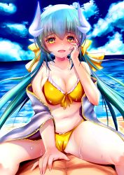 Rule 34 | 1girl, :d, absurdres, bare shoulders, bikini, blush, bow, breasts, cleavage, cloud, collarbone, dragon girl, dragon horns, fate/grand order, fate (series), green hair, hand on own face, highres, horns, izumikuu, kiyohime (fate), kiyohime (fate/grand order), kiyohime (swimsuit lancer) (fate), kiyohime (swimsuit lancer) (first ascension) (fate), long hair, looking at viewer, low twintails, medium breasts, midriff, multiple horns, navel, open mouth, revision, smile, solo focus, straddling, swimsuit, twintails, very long hair, yellow bikini, yellow bow, yellow eyes