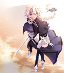 Rule 34 | 1girl, armor, armored boots, armored dress, black bow, black capelet, black legwear, blonde hair, blue eyes, boots, bow, braid, breasts, capelet, chain, closed mouth, covered erect nipples, dress, fate/apocrypha, fate (series), floating hair, full body, hair bow, headpiece, holding, holding sword, holding weapon, jeanne d&#039;arc (fate), jeanne d&#039;arc (ruler) (fate), large breasts, left-handed, legs apart, purple dress, single braid, smile, solo, standing, sword, weapon, yuuki makoto (radiant)