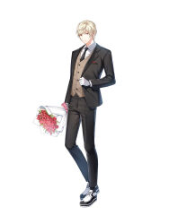 Rule 34 | 1boy, black jacket, black necktie, black pants, black socks, blonde hair, bouquet, bow, brown vest, closed mouth, closers, collared shirt, flower, formal, full body, gloves, highres, holding, holding bouquet, jacket, jacket tug, looking at viewer, male focus, necktie, official art, oxfords, pants, pink bow, red eyes, red flower, red rose, rose, shirt, short hair, socks, solo, standing, suit, tachi-e, v-shaped eyebrows, vest, white background, white footwear, white gloves, white shirt, wolfgang schneider