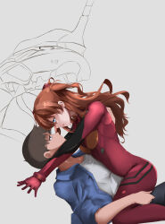 Rule 34 | 1boy, 1girl, absurdres, ass, ass grab, black hair, blue eyes, bodysuit, breasts, brown hair, couple, eva 01, face-to-face, grabbing, hair ornament, hetero, highres, hug, ikari shinji, interface headset, lips, long hair, looking at another, lying on person, medium breasts, neon genesis evangelion, plugsuit, red bodysuit, short hair, simple background, sitting, sitting on person, skin tight, smile, souryuu asuka langley, two side up, very long hair