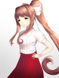 Rule 34 | 1girl, alternate costume, arm at side, brown hair, casual, commentary, doki doki literature club, english commentary, gradient background, green eyes, hair ribbon, hand on own hip, highres, long hair, long skirt, looking at viewer, monika (doki doki literature club), puffy short sleeves, puffy sleeves, red skirt, ribbon, shirt, short sleeves, sidelocks, simple background, skirt, smile, solo, tsukimaru, very long hair, white ribbon, white shirt