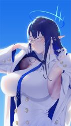 Rule 34 | armpits, blue archive, blue eyes, blue hair, breasts, cleavage, collar, collared shirt, glasses, gloves, halo, ion (cation), long hair, looking to the side, necktie, pointy ears, rin (blue archive), shirt, simple background, sweat, white gloves