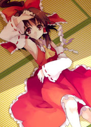 Rule 34 | 1girl, arm up, armpits, bad id, bad pixiv id, bare shoulders, bow, brown hair, detached sleeves, female focus, from above, gohei, hair bow, hair tubes, hakurei reimu, japanese clothes, koto (colorcube), long hair, lying, miko, on back, ponytail, red eyes, smile, solo, tatami, touhou