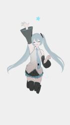 Rule 34 | 1girl, ^ ^, bare shoulders, black sleeves, blue hair, blue necktie, blush, boots, closed eyes, detached sleeves, floating, grey background, grey shirt, hatsune miku, headset, highres, long hair, midair, necktie, open mouth, potetoneko, reaching, shirt, smile, solo, star (symbol), teeth, thighhighs, twintails, upper teeth only, very long hair, vocaloid
