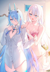 Rule 34 | 2girls, :d, backlighting, bare arms, bare shoulders, blue eyes, blue hair, blue thighhighs, bra, breasts, character request, collarbone, collared shirt, cowboy shot, dress shirt, expressionless, eyes visible through hair, flat chest, hair between eyes, hand on another&#039;s shoulder, headgear, lingerie, long hair, long sleeves, looking at viewer, medium breasts, multi-strapped panties, multiple girls, navel, no bra, open mouth, panties, partially unbuttoned, pink bra, pink panties, riselia ray crystalia, seiken gakuin no maken tsukai, shirt, side-tie panties, smile, standing, string bra, string panties, thighhighs, thighs, toosaka asagi, underwear, underwear only, very long hair, white hair, white shirt