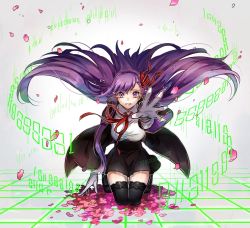 Rule 34 | 1girl, bb (fate), bb (fate/extra), binary, black thighhighs, bow, cherry blossoms, fate (series), gloves, hair ribbon, highres, kneeling, long hair, purple eyes, purple hair, ribbon, solo, tears, thighhighs, very long hair, white gloves, wide sleeves
