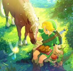 Rule 34 | 1boy, apple, arm support, belt, belt buckle, blonde hair, blue eyes, blush, boots, brown belt, brown footwear, buckle, bush, closed mouth, commentary request, day, epona, fairy, flower, food, fruit, grass, green hat, green shirt, green shorts, green tunic, hand up, hat, highres, horse, leaf, lens flare, light particles, lily pad, link, looking to the side, lying, male focus, moss, mushroom, nintendo, nshi, on back, outdoors, parted bangs, plant, pointy ears, sandwich, shield, shield on back, shirt, short hair, short sleeves, shorts, sidelocks, sitting, sitting on tree stump, smile, solo, sword, tatl, the legend of zelda, the legend of zelda: majora&#039;s mask, the legend of zelda: ocarina of time, tree stump, tunic, water, weapon, weapon on back, white flower, young link