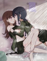 Rule 34 | 10s, 2girls, absurdres, akbskenmb48-40, assertive female, assisted exposure, black hair, blush, breasts, brown hair, censored, censored nipples, convenient censoring, eye contact, female focus, femdom, highres, kantai collection, kitakami (kancolle), looking at another, multiple girls, ooi (kancolle), panties, panties around leg, partially undressed, pink eyes, purple eyes, showering, skirt, smile, steam, steam censor, towel, towel rack, underwear, undressing, wet, wet clothes, yuri