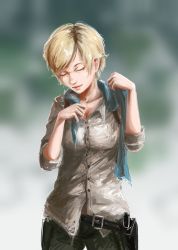 Rule 34 | 1girl, aqua scarf, belt, black belt, blonde hair, blurry, blurry background, breasts, closed eyes, closed mouth, collarbone, collared shirt, commentary, english commentary, eyebrows, hands up, highres, lips, mismatched eyebrows, nose, open belt, realistic, resident evil, resident evil 2, resident evil 6, scarf, sherry birkin, shirt, short hair, smile, solo, standing, un.i (protorc), undressing, untucked shirt, very short hair, wing collar