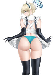 Rule 34 | 1girl, absurdres, apron, ass, black thighhighs, blonde hair, blue archive, blue eyes, casperrin, closed mouth, cowboy shot, elbow gloves, from behind, gloves, green panties, halo, highres, leaning forward, looking at viewer, looking back, maid headdress, panties, simple background, solo, thighhighs, toki (blue archive), underwear, white background