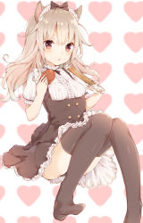 Rule 34 | 1girl, animal ears, azuki (krps-hano), black bow, black bowtie, black ribbon, black thighhighs, blonde hair, bow, bowtie, breasts, brown eyes, churro, commentary, covered erect nipples, dress, eating, food, frilled dress, frilled skirt, frills, hair between eyes, hair ribbon, heart, heart background, highres, holding, holding food, knees together feet apart, looking at viewer, maid, maid headdress, manatsuki manata, meme attire, original, pastry, puffy short sleeves, puffy sleeves, ribbon, short sleeves, sitting, skirt, small breasts, solo, thighhighs, thighs, underbust, virgin killer outfit, wavy hair, white background
