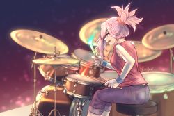 Rule 34 | alternate costume, blue eyes, casual, denim, drum, drum set, fate/grand order, fate (series), instrument, jeans, md5 mismatch, miyamoto musashi (fate), ootato, open mouth, pants, ponytail, resolution mismatch, scrunchie, solo, source larger, sweat, tank top, white hair