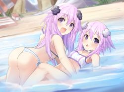 Rule 34 | adult neptune, bare shoulders, bimmy, breasts, choker, confused, hair ornament, hairclip, happy, highres, large breasts, long hair, neptune (neptunia), neptune (series), nervous, open mouth, purple eyes, purple hair, short hair, small breasts, swimsuit, thighs, worried