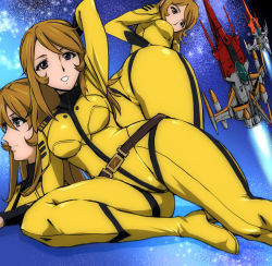 Rule 34 | 10s, 1girl, aircraft, airplane, ass, belt, belt skirt, bodysuit, boots, breasts, brown eyes, brown hair, cosmo zero, fighter jet, high heels, jet, kamisimo 90, long hair, military, military vehicle, mori yuki, science fiction, smile, solo, spacecraft, starfighter, thighs, uchuu senkan yamato, uchuu senkan yamato 2199