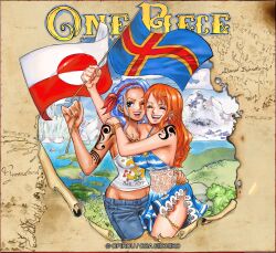 Rule 34 | 2girls, arm around waist, artist name, blue hair, bracelet, character name, closed eyes, earrings, family, flag, greenland, greenland flag, hairband, holding, holding flag, hug, jewelry, long hair, mountain, multiple girls, nami (one piece), nojiko, ocean, one eye closed, one piece, open mouth, opirou, orange hair, outdoors, shoulder tattoo, siblings, sisters, smile, tattoo, water, wavy hair