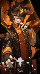 Rule 34 | 1boy, aak (arknights), absurdres, animal ears, arknights, black nails, braid, character name, chinese clothes, chinese commentary, commentary request, ear piercing, fingerless gloves, furry, furry male, gloves, highres, kotatsu kaya, looking at viewer, male focus, mouth hold, multicolored hair, mythological creature, one eye covered, phone, piercing, stalk in mouth, star (symbol), streaked hair, weibo watermark