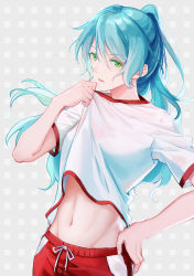 Rule 34 | 1girl, absurdres, alternate hairstyle, aqua hair, bang dream!, bra visible through clothes, clothes lift, cowboy shot, drawstring, floating hair, green eyes, grey background, gym uniform, hair between eyes, hand on own hip, hand up, high ponytail, highres, hikawa sayo, lifted by self, long hair, looking away, navel, pants, parted lips, patterned background, ponytail, red pants, see-through, shirt, shirt lift, short sleeves, solo, standing, stomach, sweat, walluka, wet, wet clothes, wet shirt, white shirt