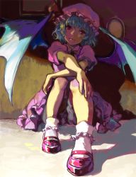Rule 34 | 1girl, against wall, bad id, bad pixiv id, bat wings, bloomers, blue hair, bobby socks, female focus, foreshortening, hat, head tilt, legs, lips, mary janes, muted color, red eyes, remilia scarlet, ribbon, shoes, short hair, sitting, socks, solo, taira, touhou, underwear, wings