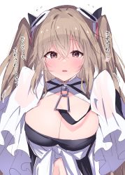 Rule 34 | 1girl, absurdres, anchorage (azur lane), azur lane, blush, breasts, brown hair, cleavage, commentary request, crossed bangs, detached sleeves, flying sweatdrops, hair between eyes, hair ornament, hands up, highres, himiya jouzu, large breasts, long hair, looking at viewer, motion lines, navel, parted lips, red eyes, sidelocks, simple background, solo, standing, twintails, upper body, white background, white sleeves, wide sleeves