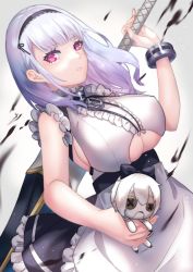 Rule 34 | 1girl, absurdres, artist name, azur lane, breasts, button eyes, buttons, cleavage cutout, closed mouth, clothing cutout, dido (azur lane), doll, dress, greatsword, hairband, highres, holding, holding doll, holding sword, holding weapon, kurono hyouka, lace-trimmed hairband, lace trim, large breasts, long hair, looking at viewer, maid, purple eyes, purple hair, simple background, solo, sword, twitter username, underboob, weapon, white dress