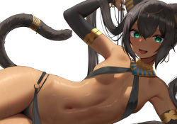 Rule 34 | 1girl, animal ears, bare shoulders, bikini, black hair, breasts, cat ears, dark-skinned female, dark skin, egyptian, female focus, green eyes, hair ornament, highres, looking at viewer, mathew (srmmk mce), non-web source, open mouth, simple background, small breasts, smile, solo, sweat, swimsuit, tail, white background