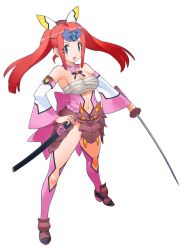 Rule 34 | 1girl, :d, absurdres, armor, armpits, bandages, bare shoulders, black eyes, blush, boots, bow, breasts, cleavage, clothing cutout, detached collar, detached sleeves, faulds, floating hair, frills, gem, greaves, hair ornament, hanafuuma gesshi, high heels, highres, holding, japanese clothes, katana, long hair, looking at viewer, midriff, navel, navel cutout, official art, oni, open mouth, otomedius, pink footwear, pink thighhighs, red hair, sarashi, sheath, simple background, smile, solo, spread legs, standing, sword, thigh boots, thighhighs, twintails, weapon, white background, wide sleeves, yoshizaki mine