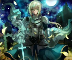 Rule 34 | 1boy, armor, bedivere (fate), blonde hair, fate/grand order, fate (series), flower, full moon, knight, long hair, male focus, moon, petals, planted, solo, sword, weapon, yuu (pixiv769259)