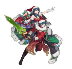 Rule 34 | 1boy, 1girl, attack, bare shoulders, black footwear, black gloves, blue eyes, blue hair, brooch, byleth (female) (fire emblem), byleth (female) (frosty professor) (fire emblem), byleth (fire emblem), byleth (male) (fire emblem), byleth (male) (frosty professor) (fire emblem), cape, character doll, doll, fire emblem, fire emblem: three houses, fire emblem heroes, fur-trimmed cape, fur trim, gloves, green cape, hat, holding, holding sword, holding weapon, jewelry, medium hair, midriff, mistletoe, navel, nintendo, official alternate costume, official art, open mouth, pantyhose, red cape, santa costume, santa hat, sothis (fire emblem), sword, v-shaped eyebrows, weapon, white footwear, white gloves