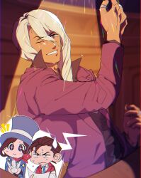 Rule 34 | 1girl, 2boys, :&gt;, ace attorney, apollo justice, aqua necktie, arm up, asymmetrical sidelocks, azekawa, black eyes, blonde hair, blue cape, blue headwear, blurry, brown eyes, brown hair, cape, chromatic aberration, collared shirt, dark-skinned male, dark skin, gloves, grin, hair between eyes, hand up, hat, highres, holding, holding paper, indoors, jacket, jewelry, klavier gavin, lapel pin, lapels, long sleeves, looking at viewer, male focus, multiple boys, multiple rings, necktie, no nose, one eye closed, open clothes, open jacket, paper, popped collar, purple jacket, red scarf, red vest, ring, sanpaku, scarf, shirt, smile, sparkling eyes, spotlight, sweat, swept bangs, thumb ring, top hat, trucy wright, v-shaped eyebrows, vest, white gloves, white shirt