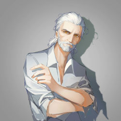 Rule 34 | 1boy, absurdres, alternate costume, beard, bingdongluofeiyu, collared shirt, facial hair, geralt of rivia, grey background, highres, male focus, medium hair, mustache, old, old man, aged up, partially unbuttoned, scar, scar across eye, scar on face, shirt, solo, the witcher (series), the witcher 3, unfinished, upper body, white hair, wrinkled skin, yellow eyes