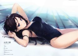 Rule 34 | 1girl, absurdres, black hair, blue eyes, blush, breasts, covered navel, dutch angle, highres, lane line, long hair, looking at viewer, lying, medium breasts, on back, one-piece swimsuit, original, poolside, scan, senji (tegone spike), solo, swimsuit, wet, wet hair