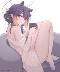 Rule 34 | 1girl, animal ears, artist name, back, bare shoulders, breasts, closed mouth, coffee mug, commentary, couch, cup, drink, english commentary, feet, flower, from side, full body, hair flower, hair ornament, hair up, halo, holding, holding cup, hololive, hololive english, kneehighs, knees up, long hair, mole, mole under eye, mug, multicolored hair, ninomae ina&#039;nis, no pants, no shoes, off-shoulder shirt, off shoulder, on couch, orange hair, panties, pointy ears, purple hair, see-through, shellvi, shirt, sidelocks, simple background, sitting, small breasts, socks, solo, tentacle hair, thighs, toes, two-tone hair, underwear, virtual youtuber, white background, white panties, white shirt, white socks