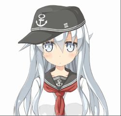 Rule 34 | 10s, 1girl, :o, anchor symbol, animated, animated gif, bad id, bad pixiv id, bouncing breasts, breasts, closed eyes, emofuri, flat cap, grey eyes, hat, head tilt, hibiki (kancolle), kantai collection, long hair, long sleeves, looking at viewer, lowres, md5 mismatch, musouduki, neckerchief, open mouth, sailor collar, school uniform, serafuku, simple background, smile, solo, ugoira, upper body, white background, white hair