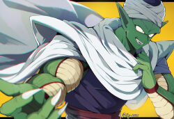 Rule 34 | 1boy, armor, artist name, bandages, bb m0024, cape, claws, colored skin, commentary request, dragon ball, fangs, green skin, grin, hand up, highres, letterboxed, male focus, namekian, outstretched arm, piccolo, pointy ears, red eyes, red sash, sash, shoulder armor, simple background, smile, solo, teeth, turban, twitter username, upper body, v-shaped eyebrows, white cape, yellow background