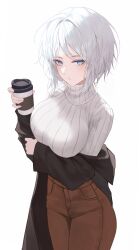 Rule 34 | 1girl, absurdres, arm under breasts, black jacket, blue eyes, breasts, brown pants, closed mouth, coffee cup, commentary, cowboy shot, cup, disposable cup, eonyan (chaeyang), faust (project moon), highres, holding, holding cup, jacket, large breasts, light blush, limbus company, long sleeves, looking at viewer, off shoulder, pants, project moon, ribbed sweater, short hair, simple background, solo, standing, sweater, turtleneck, turtleneck sweater, white background, white hair, white sweater