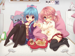 Rule 34 | 2girls, :d, alarm clock, artist name, bed, bird, blue eyes, blue hair, blush stickers, bow, bow legwear, breasts, rabbit, rabbit hair ornament, candy, candy wrapper, checkerboard cookie, cleavage, clock, controller, cookie, cup, hugging doll, dualshock, food, game console, game controller, gamepad, glasses, grin, hair bow, hair ornament, hairclip, hood, hooded track jacket, jacket, koala, medium breasts, miriry, multiple girls, no shoes, hugging object, one eye closed, open clothes, open jacket, open mouth, original, pantyhose, penguin, pink hair, playstation 2, playstation controller, ponytail, purple eyes, red-framed eyewear, sitting, skirt, smile, stuffed animal, stuffed penguin, stuffed toy, sweater, thighhighs, track jacket, v, wink, zettai ryouiki