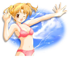Rule 34 | 1girl, artist request, bikini, blonde hair, blush, breasts, brown eyes, character request, cleavage, cloud, collarbone, copyright request, looking at viewer, medium breasts, navel, one eye closed, open mouth, pink bikini, plaid, plaid bikini, short hair, sky, smile, splashing, standing, swimsuit, twintails, water, wink