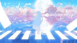 Rule 34 | 1girl, blue sky, building, cloud, dress, highres, long hair, natsu-no-kamisama, original, profile, reflection, sky, solo, surreal, white dress, white hair, wide shot
