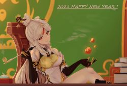 Rule 34 | 1girl, 2021, blush, book, book stack, breasts, commentary request, desk, genshin impact, hair ornament, hair rings, hair stick, happy new year, holding, holding smoking pipe, kiseru, light blush, light smile, long hair, medium breasts, new year, ningguang (genshin impact), on chair, smoking pipe, red eyes, ropi (yyuichi29), silver hair, sitting, smile, solo
