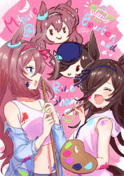 Rule 34 | 2girls, :d, ahoge, animal ears, blue jacket, blush, breasts, brown hair, character name, cleavage, closed eyes, facing viewer, hair over one eye, hairband, highres, holding, holding paintbrush, holding palette, hood, hood down, hoodie, horse ears, jacket, long hair, medium breasts, midriff, mihono bourbon (umamusume), multiple girls, navel, off shoulder, open mouth, paint on clothes, paint splatter, paintbrush, palette (object), rice shower (umamusume), see-through, see-through jacket, sideways mouth, sleeveless, sleeveless hoodie, small breasts, smile, tank top, umamusume, upper body, watawatage