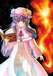 Rule 34 | 1girl, book, capelet, closed mouth, cowboy shot, crescent, crescent pin, dress, fire, hat, holding, holding book, long hair, long sleeves, looking at viewer, mob cap, neck ribbon, patchouli knowledge, pink hat, purple eyes, purple hair, purple ribbon, qqqrinkappp, ribbon, sample watermark, sidelocks, solo, touhou, watermark, wide sleeves