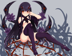 Rule 34 | 1girl, arthropod girl, atlach nacha (monster girl encyclopedia), bare shoulders, black hair, breasts, detached sleeves, eyebrows, frown, insect girl, legs, long hair, looking at viewer, monster girl, monster girl encyclopedia, no shoes, purple thighhighs, red eyes, revealing clothes, silk, sitting, small breasts, solo, spider girl, spider web, syannhai-doll, thighhighs, very long hair