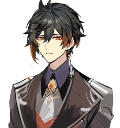 Rule 34 | 1boy, black hair, closed mouth, collar, collared shirt, earrings, formal, genshin impact, gradient hair, hair between eyes, jacket, jewelry, looking at viewer, male focus, multicolored hair, shirt, simple background, single earring, solo, ssm (ssm82048039), suit, white background, yellow eyes, zhongli (genshin impact)
