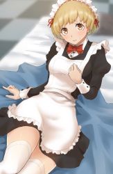 Rule 34 | 1girl, apron, artist request, bed, blush, braid, brown eyes, brown hair, dress, frilled apron, frills, highres, kurosususu, looking at viewer, maid, maid apron, maid headdress, persona, persona 4, satonaka chie, short hair, solo, source request, sweatdrop, thighhighs, twin braids, waist apron, white apron, white thighhighs
