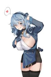 Rule 34 | 1girl, absurdres, ako (blue archive), atorosu, bell, black garter straps, black skirt, black thighhighs, blue archive, blue hair, blue jacket, blush, breasts, bush, cleavage, garter straps, grin, heart, highres, jacket, large breasts, looking at viewer, neck bell, pencil skirt, shirt tug, sideboob, sideless outfit, simple background, skirt, smile, solo, spoken heart, thighhighs, white background