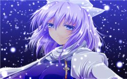 Rule 34 | 1girl, blue background, blue eyes, breasts, eyelashes, gradient background, hat, highres, juliet sleeves, large breasts, letty whiterock, light smile, long sleeves, looking at viewer, nekominase, pin, puffy sleeves, scarf, short hair, silver hair, simple background, snowing, solo, touhou, upper body, white scarf